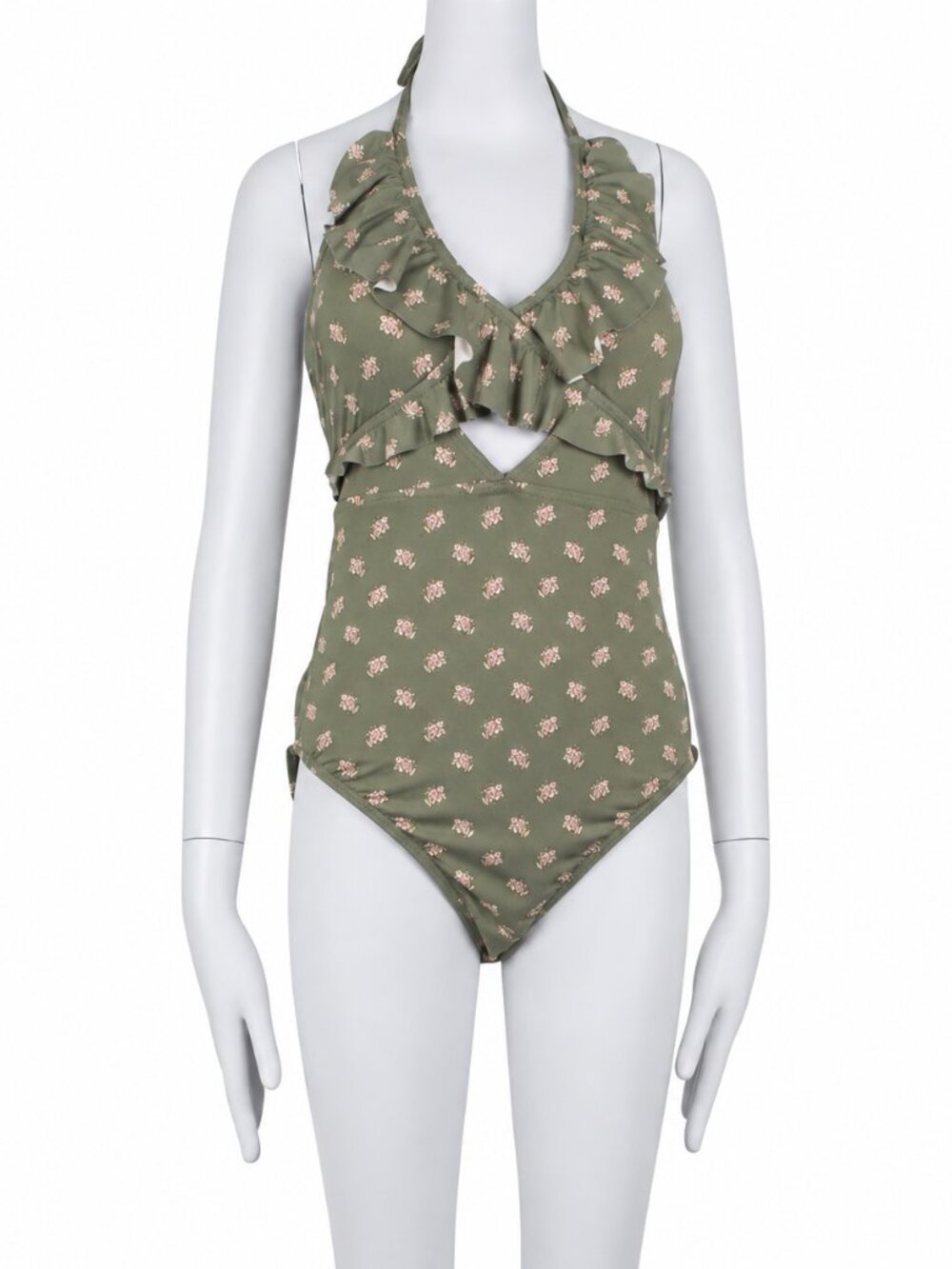 NWT GARNET HILL Resortwear Halter Olive Green Floral One Piece Swimsuit Size 14